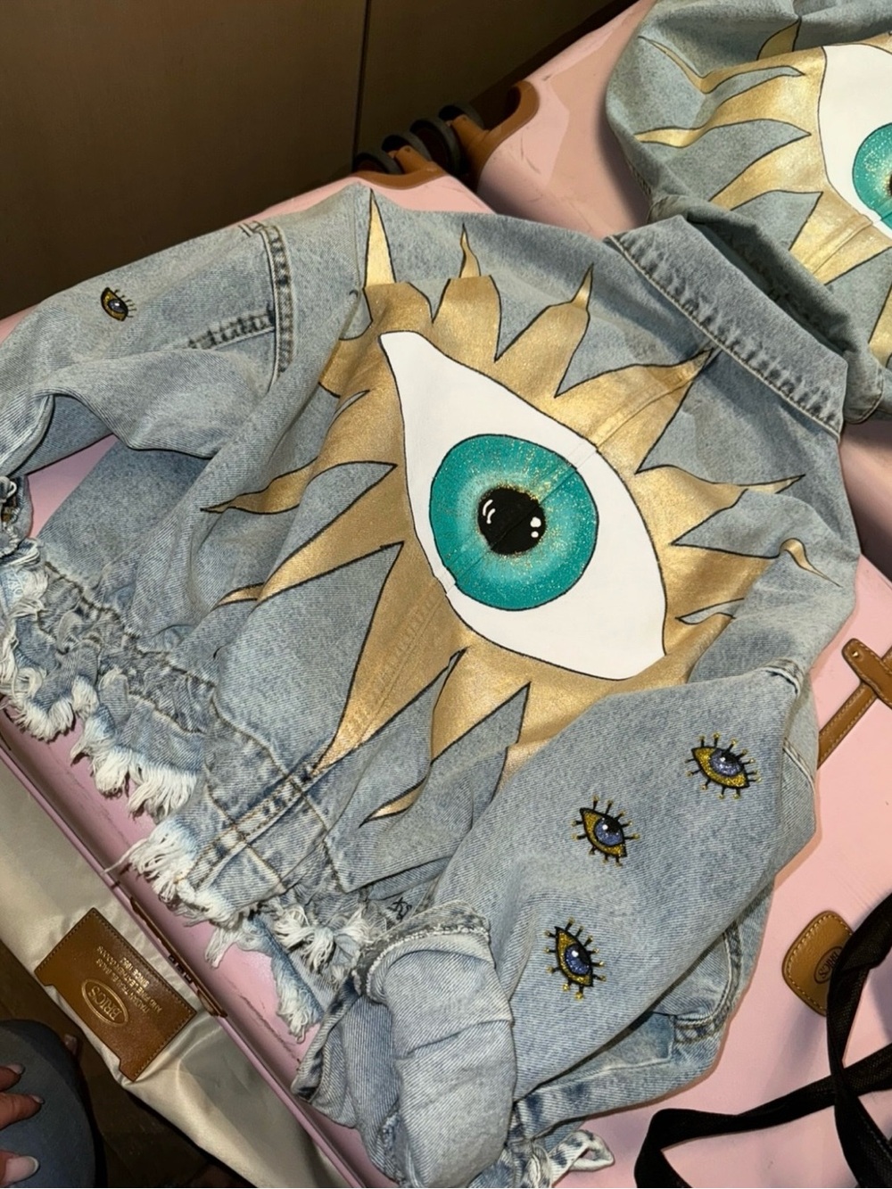Greek Handmade Denim Jacket with Gold & Teal Eye Graphic - Picture 1 of 2